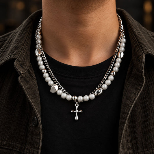 THE MEN THING SS Pendant/ Necklace MIRE SERENITY - Two Layer Necklace with Titanium Steel Chain &  Fusion Cuban Pearls & Cross Pendant - Size 18inch