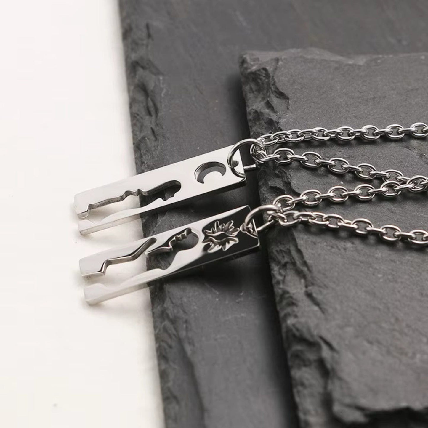 THE MEN THING SS Pendant/ Necklace MOON & HEART DUO - Pure Titanium Steel Bar Pendant with 24inch Cuban Chain for Men & Boys