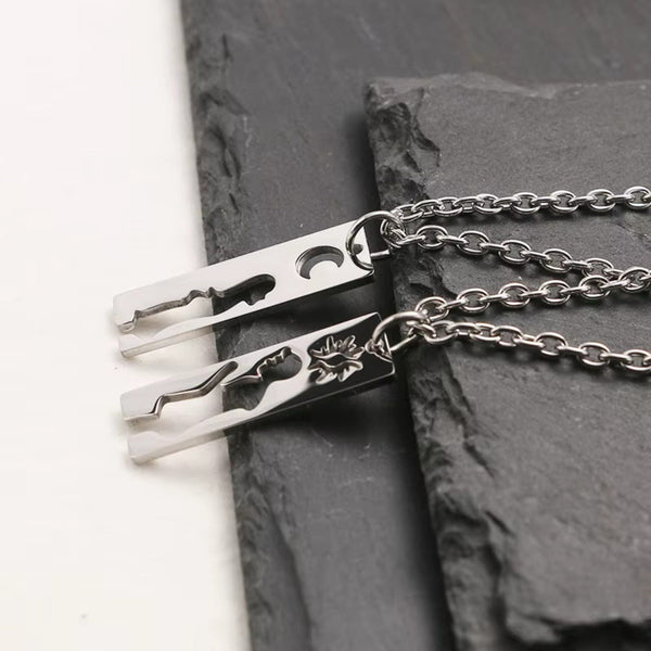 MOON & HEART DUO - Pure Titanium Steel Bar Pendant with 19inch Cuban Chain for Men & Boys