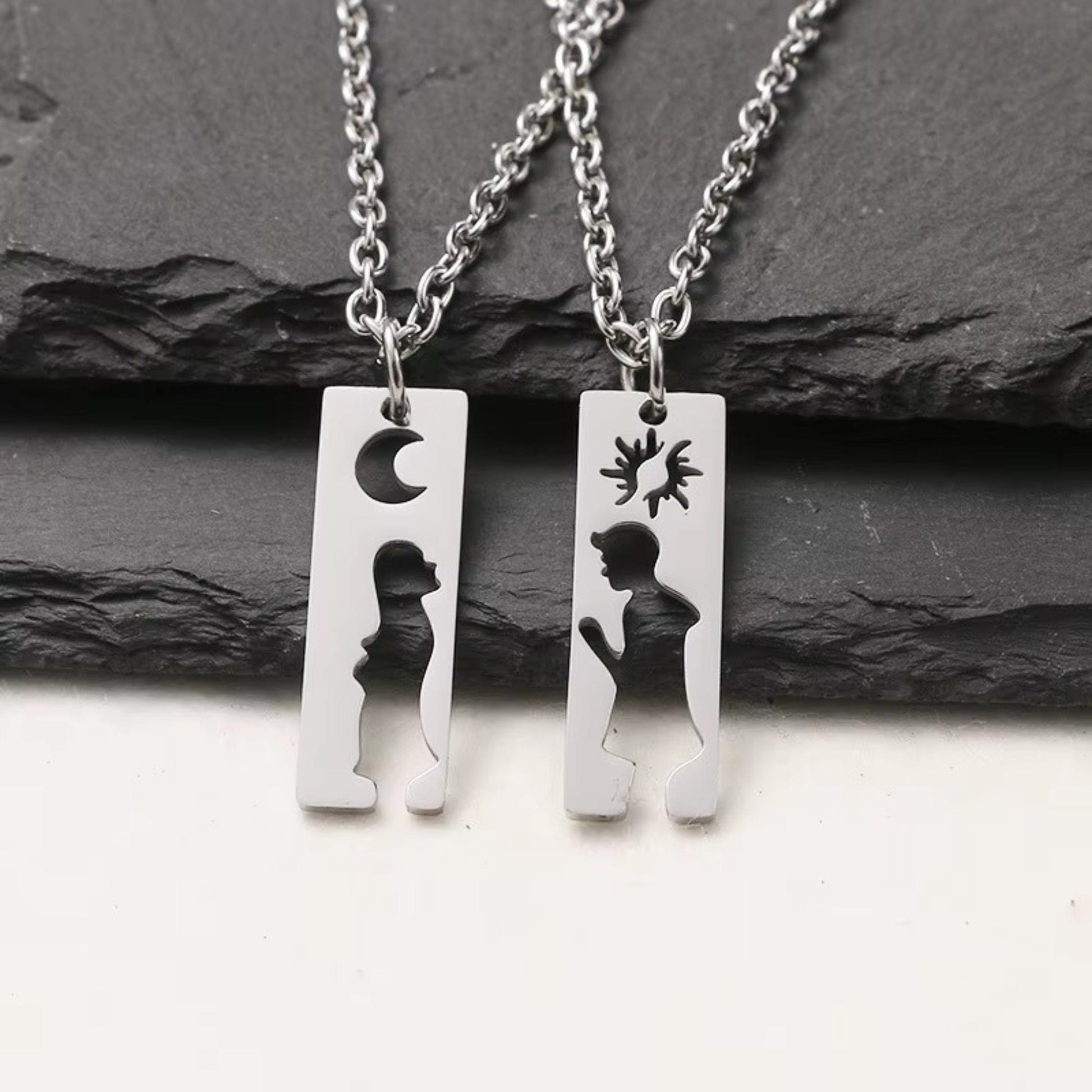 THE MEN THING SS Pendant/ Necklace MOON & HEART DUO - Pure Titanium Steel Bar Pendant with 24inch Cuban Chain for Men & Boys