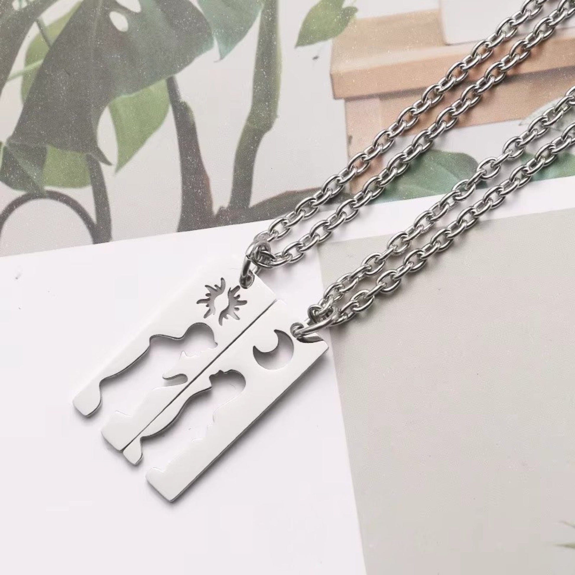 THE MEN THING SS Pendant/ Necklace MOON & HEART DUO - Pure Titanium Steel Bar Pendant with 24inch Cuban Chain for Men & Boys