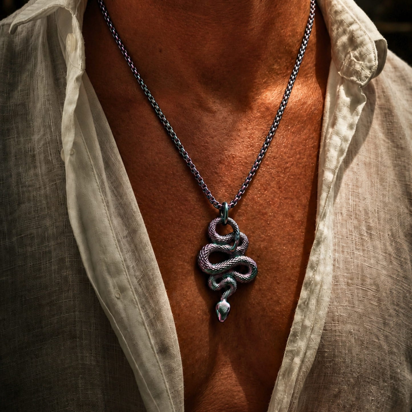 THE MEN THING SS Pendant/ Necklace MULTI COLOR GUARDIAN SNAKE - Pure Titanium Steel Pendant with 24inch Round Box Chain for Men & Boys