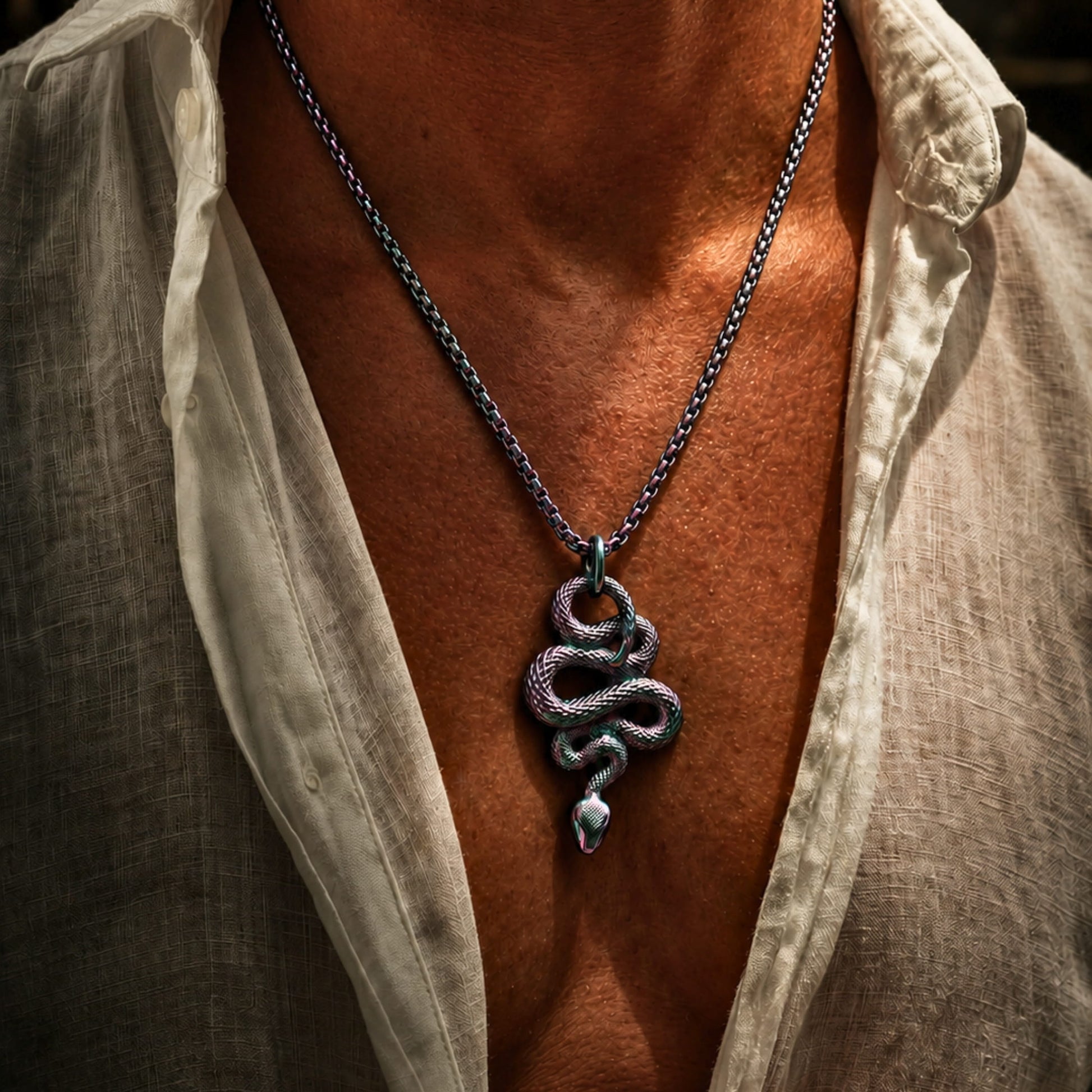THE MEN THING SS Pendant/ Necklace MULTI COLOR GUARDIAN SNAKE - Pure Titanium Steel Pendant with 24inch Round Box Chain for Men & Boys