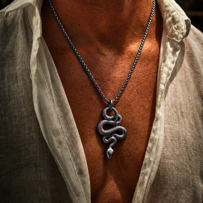THE MEN THING SS Pendant/ Necklace MULTI COLOR GUARDIAN SNAKE - Pure Titanium Steel Pendant with 24inch Round Box Chain for Men & Boys