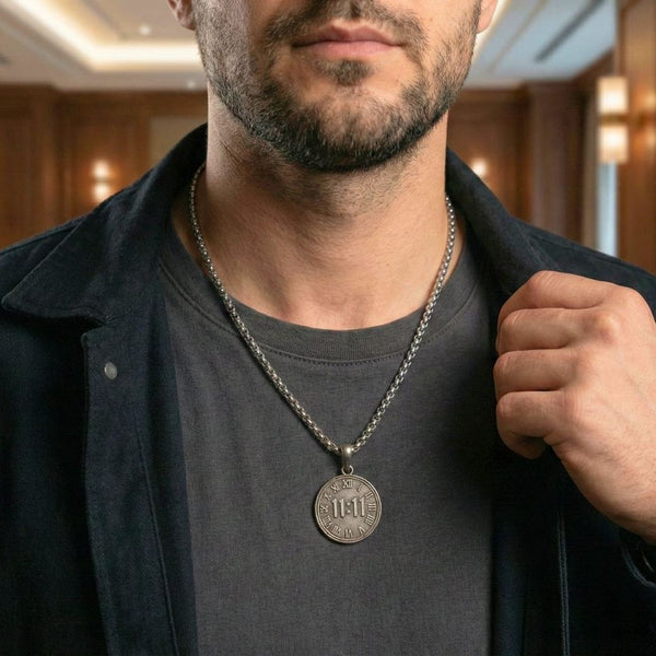 11:11 MANIFESTATION CIRCLE  - 30mm Titanium Steel Pendant with 24inch Round Box 5mm Chain for Men & Boys