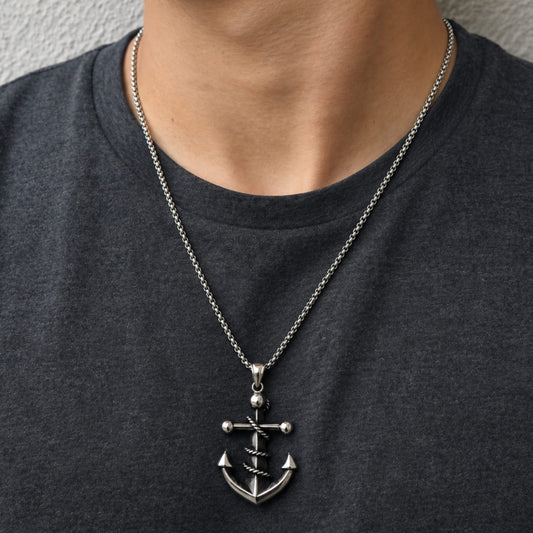 THE MEN THING SS Pendant/ Necklace NAUTICAL ANCHOR - Pure Titanium Steel Pendant with 24inch Round Box Chain for Men & Boys