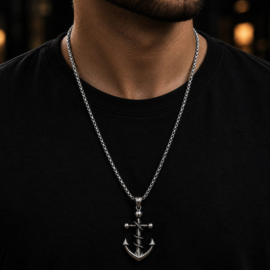 THE MEN THING SS Pendant/ Necklace NAUTICAL ANCHOR - Pure Titanium Steel Pendant with 24inch Round Box Chain for Men & Boys