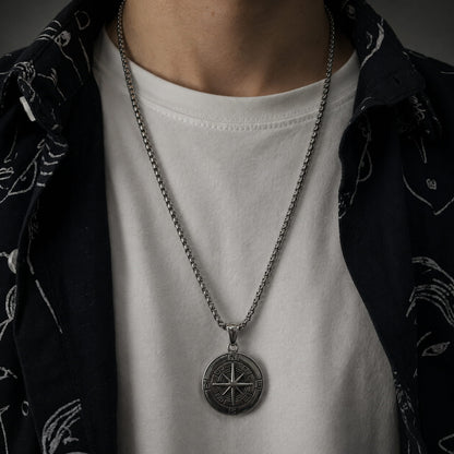 THE MEN THING SS Pendant/ Necklace NAVIGATOR -  Alloy Compass Pendant with Pure Stainless Steel 24inch Round Box Chain, American trending Style for Men & Boy
