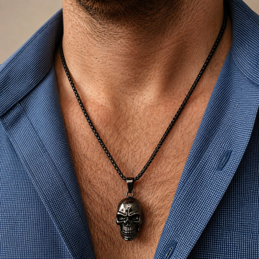 THE MEN THING SS Pendant/ Necklace NIGHT SKULL (BLACK) - Alloy Pendant with Pure Stainless Steel 24inch Round Box Chain, European trending Style for Men & Boy