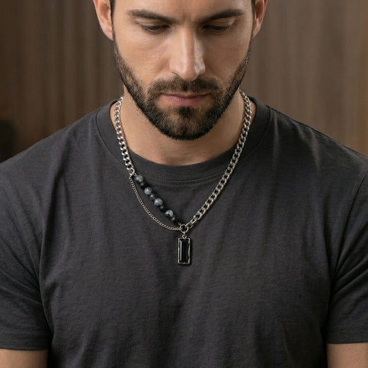THE MEN THING SS Pendant/ Necklace NOIR LINK - 11mm Titanium Steel Pendant with 20 to 22inch Adjustable 9mm Chain for Men & Boys