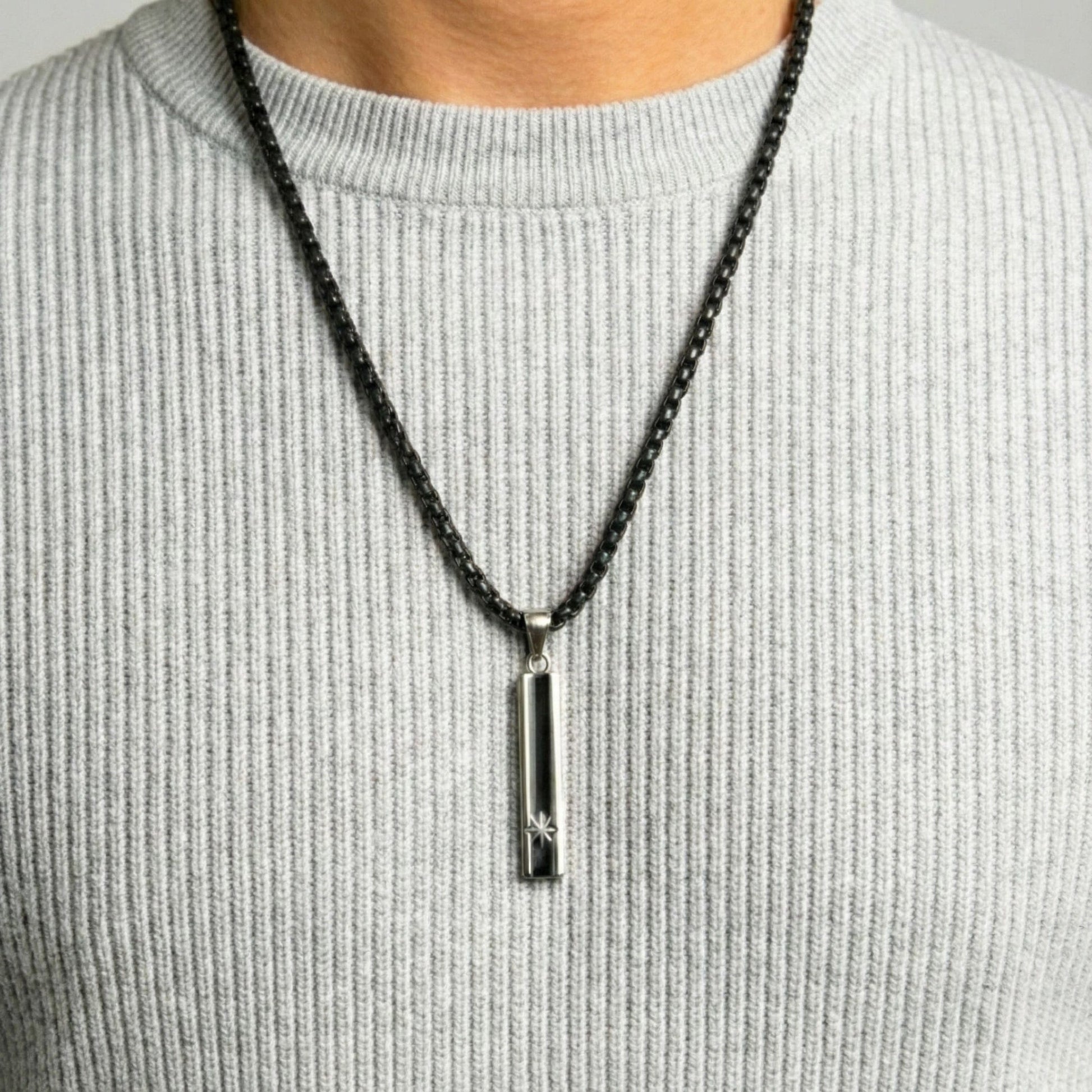 THE MEN THING SS Pendant/ Necklace NORTH STAR BAR - 10mm Pure Titanium Steel  Pendant with 24inch Round Box 5mm Chain for Men & Boys