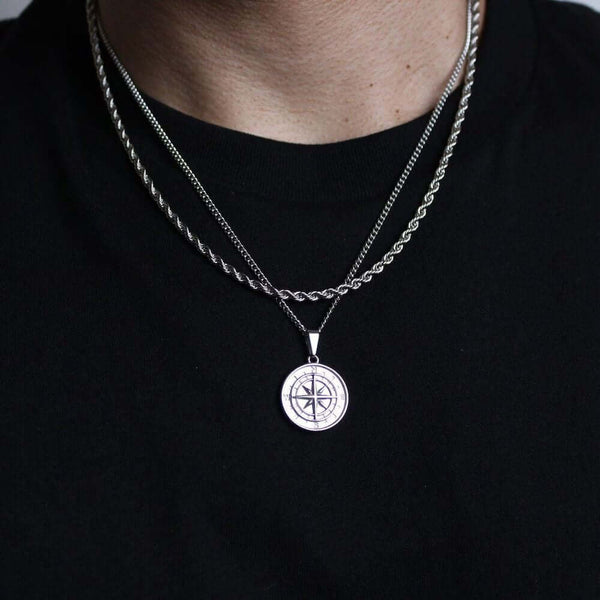 నార్త్ స్టార్ - స్టెయిన్‌లెస్ స్టీల్ రౌండ్ బాక్స్ చైన్ సెట్‌తో సిల్వర్ టోన్ లాకెట్టు - 24-అంగుళాల & 3 మిమీ రోప్ చైన్, యూరోపియన్ ట్రెండింగ్ స్టైల్