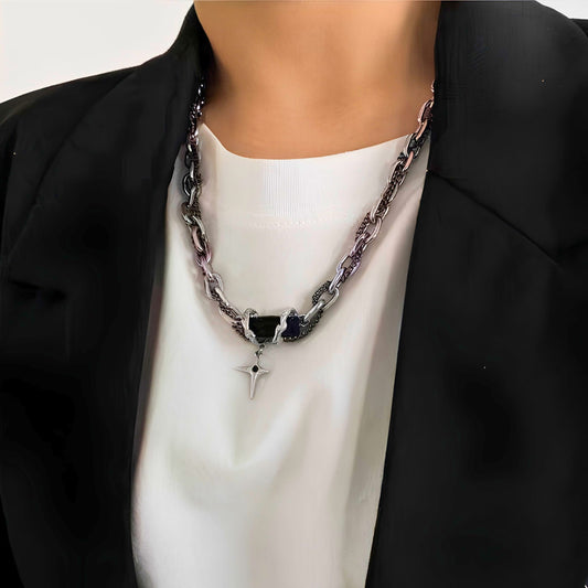 THE MEN THING SS Pendant/ Necklace OBSIDIAN BLACK CROSS - 30mm Titanium Steel Pendant with 20 to 22inch Adjustable Cable 7mm Chain for Men & Boys