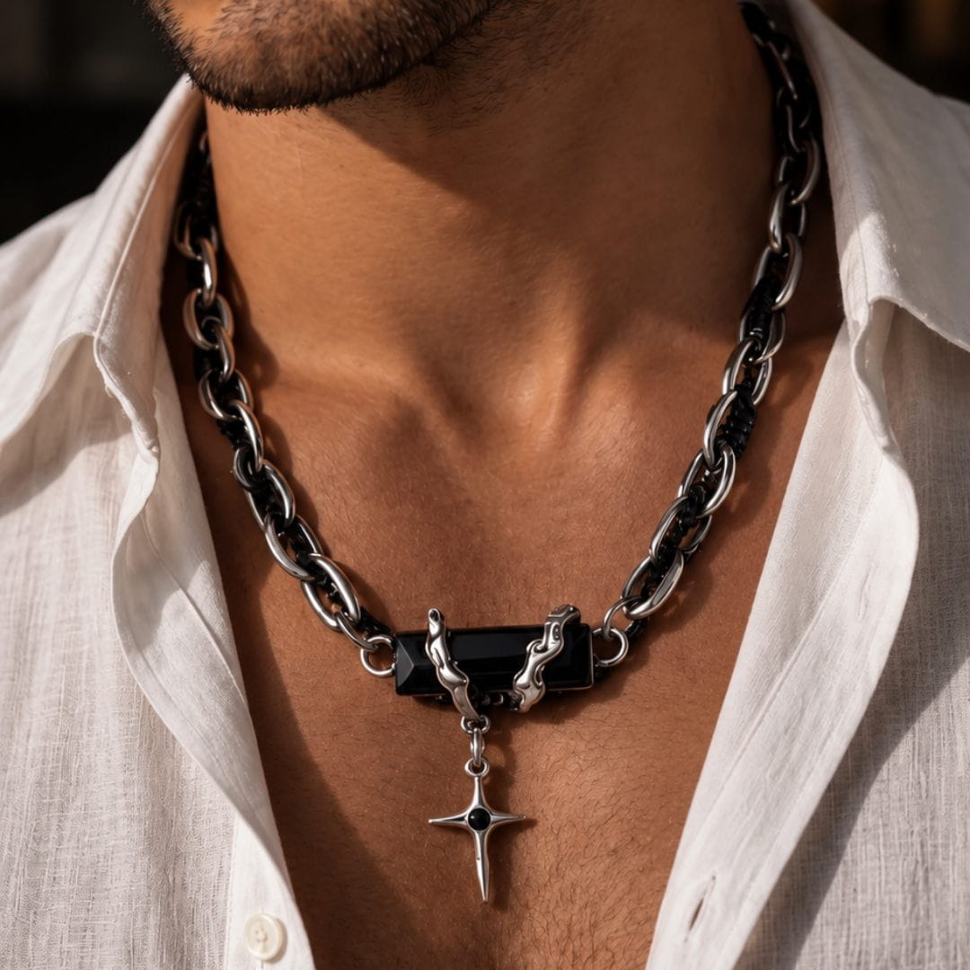 THE MEN THING SS Pendant/ Necklace OBSIDIAN BLACK CROSS - 30mm Titanium Steel Pendant with 20 to 22inch Adjustable Cable 7mm Chain for Men & Boys
