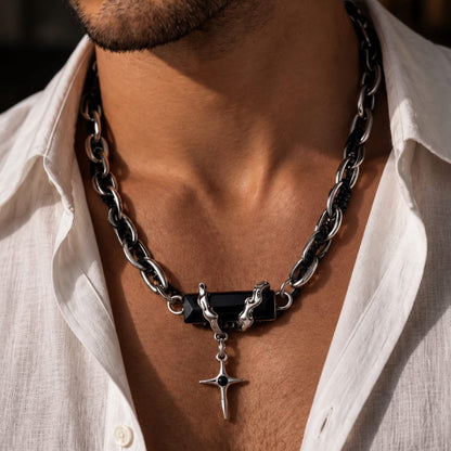THE MEN THING SS Pendant/ Necklace OBSIDIAN BLACK CROSS - 30mm Titanium Steel Pendant with 20 to 22inch Adjustable Cable 7mm Chain for Men & Boys