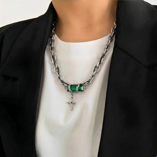 THE MEN THING SS Pendant/ Necklace OBSIDIAN GREEN CROSS - 30mm Titanium Steel Pendant with 20 to 22inch Adjustable Cable 7mm Chain for Men & Boys