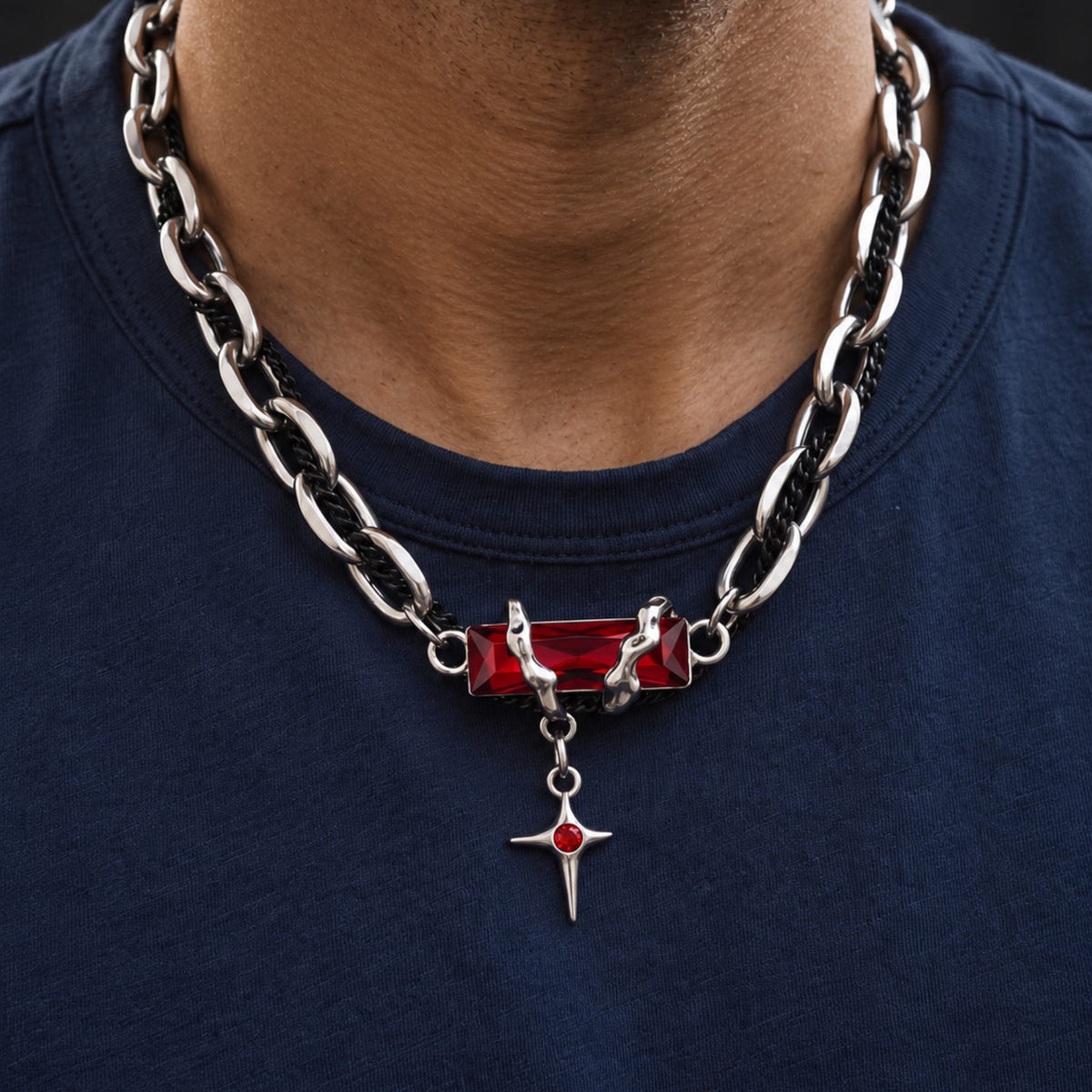 THE MEN THING SS Pendant/ Necklace OBSIDIAN RED CROSS - 30mm Titanium Steel Pendant with 20 to 22inch Adjustable Cable 7mm Chain for Men & Boys