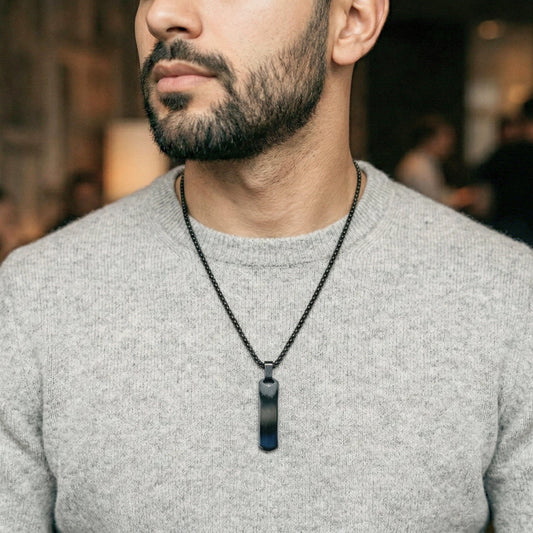 THE MEN THING SS Pendant/ Necklace OBSIDIAN STRIPE - BLACK - 11mm Pure Titanium Steel Pendant with 27inch Round Box 4mm Chain for Men & Boys