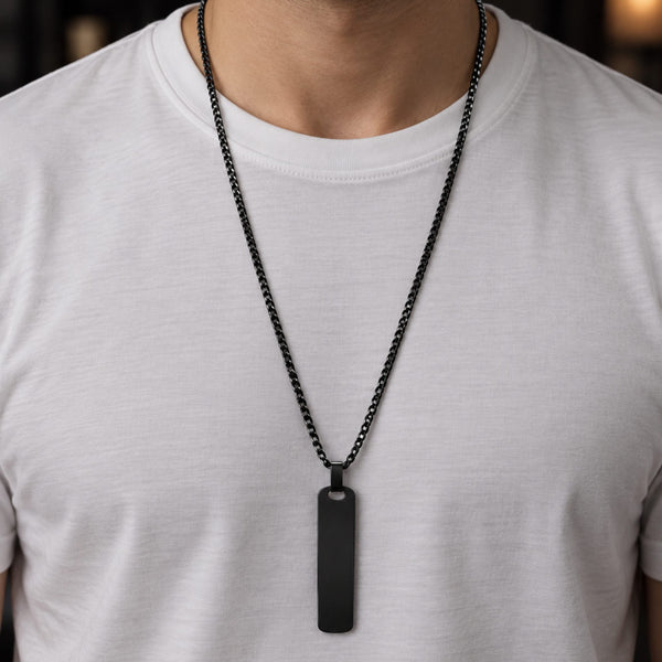 OBSIDIAN STRIPE - BLACK - 11mm Pure Titanium Steel Pendant with 27inch Round Box 4mm Chain for Men & Boys