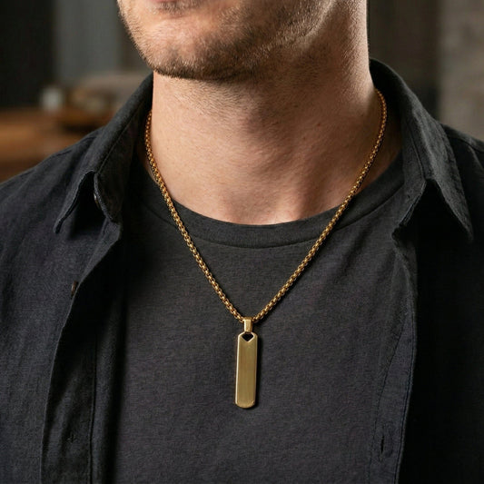 THE MEN THING SS Pendant/ Necklace OBSIDIAN STRIPE - GOLD - 11mm Pure Titanium Steel Pendant with 27inch Round Box 4mm Chain for Men & Boys