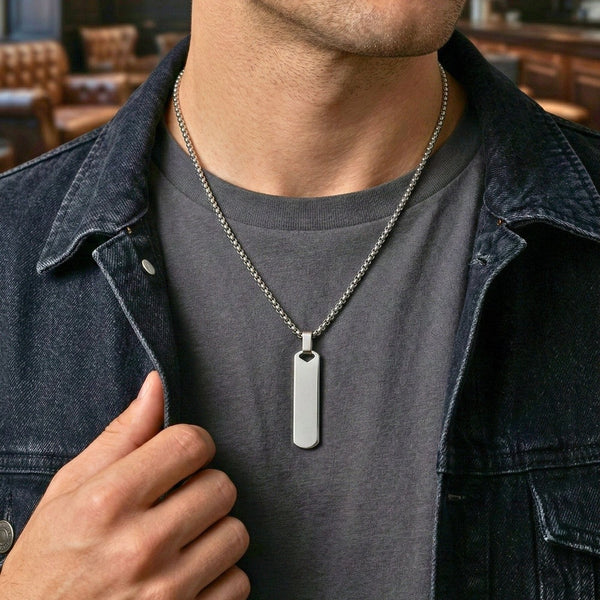 OBSIDIAN STRIPE - STEEL - 11mm Pure Titanium Steel Pendant with 27inch Round Box 4mm Chain for Men & Boys
