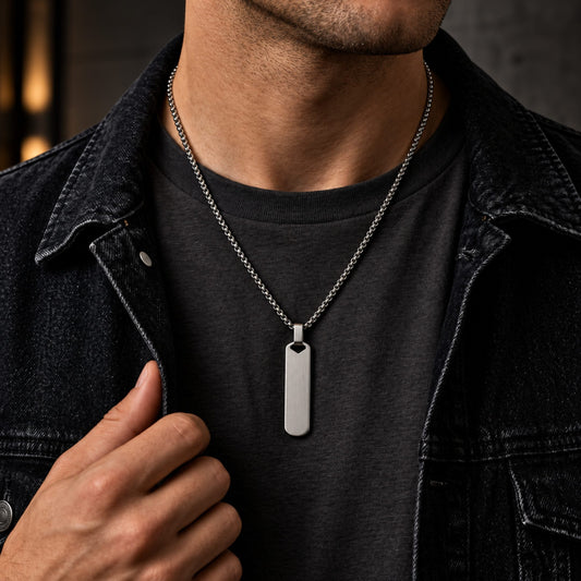THE MEN THING SS Pendant/ Necklace OBSIDIAN STRIPE - STEEL - 11mm Pure Titanium Steel Pendant with 27inch Round Box 4mm Chain for Men & Boys