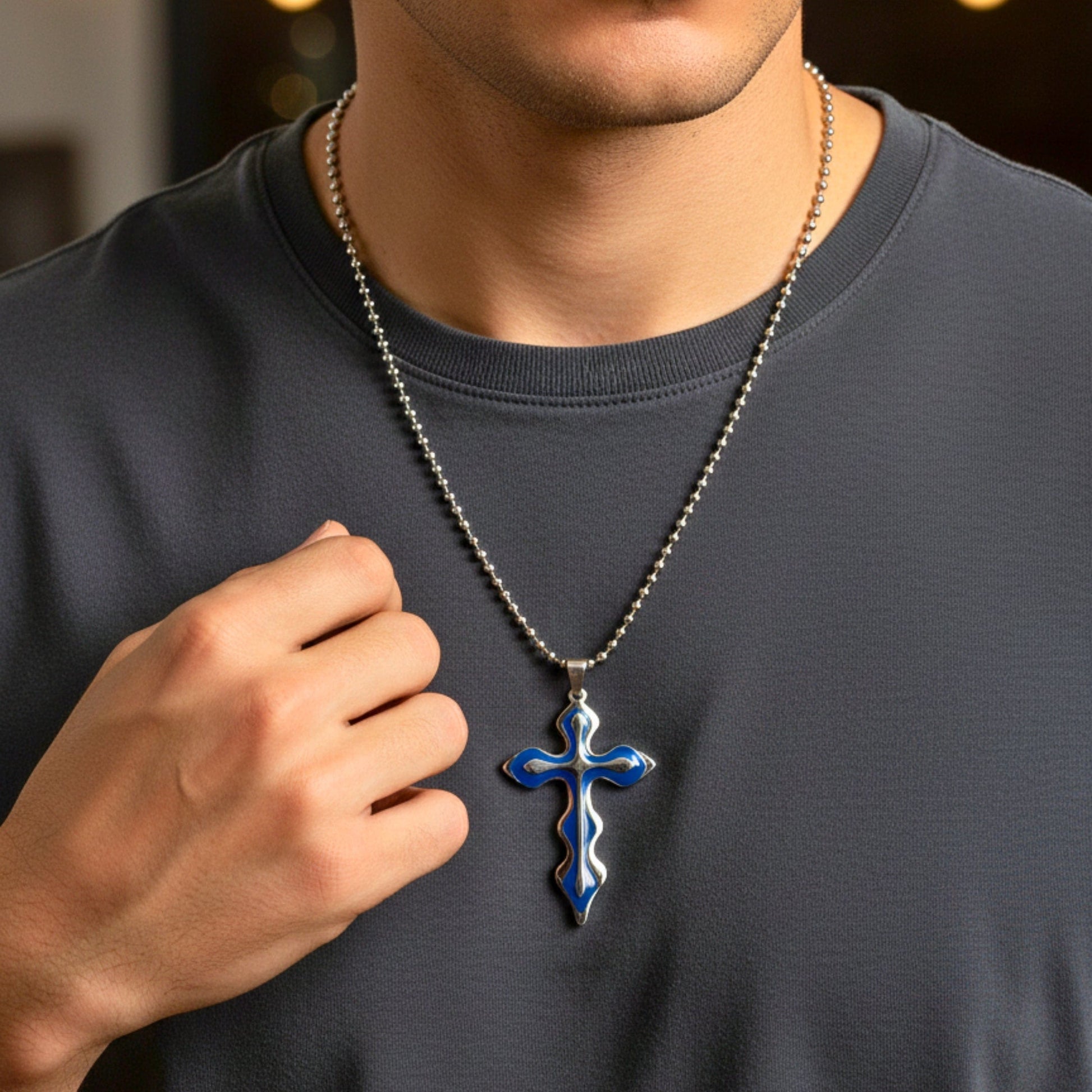 THE MEN THING SS Pendant/ Necklace OCEAN FAITH CROSS - 37mm Titanium Steel Pendant with 21inch Round Ball 4mm Chain for Men & Boys
