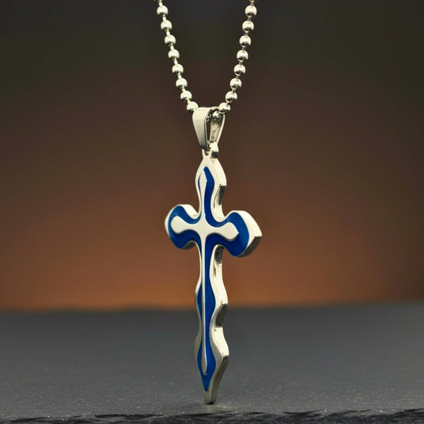 OCEAN FAITH CROSS - 37mm Titanium Steel Pendant with 21inch Round Ball 4mm Chain for Men & Boys