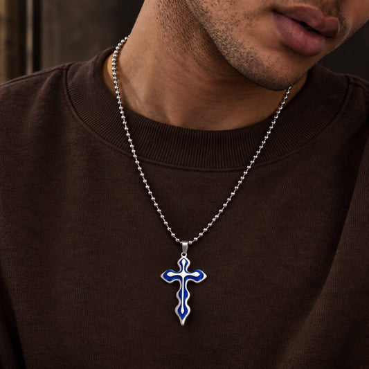 THE MEN THING SS Pendant/ Necklace OCEAN FAITH CROSS - 37mm Titanium Steel Pendant with 21inch Round Ball 4mm Chain for Men & Boys