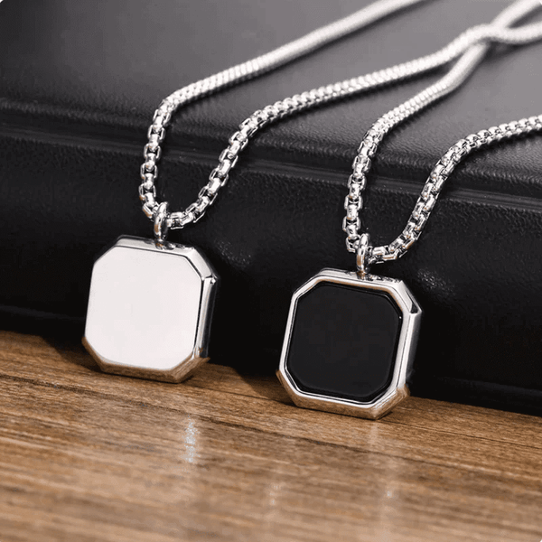 OCTAGON GEO - Alloy Pendant with Black Stone & Stainless Steel 24inch Round Box Chain, American trending Style for Men & Boy