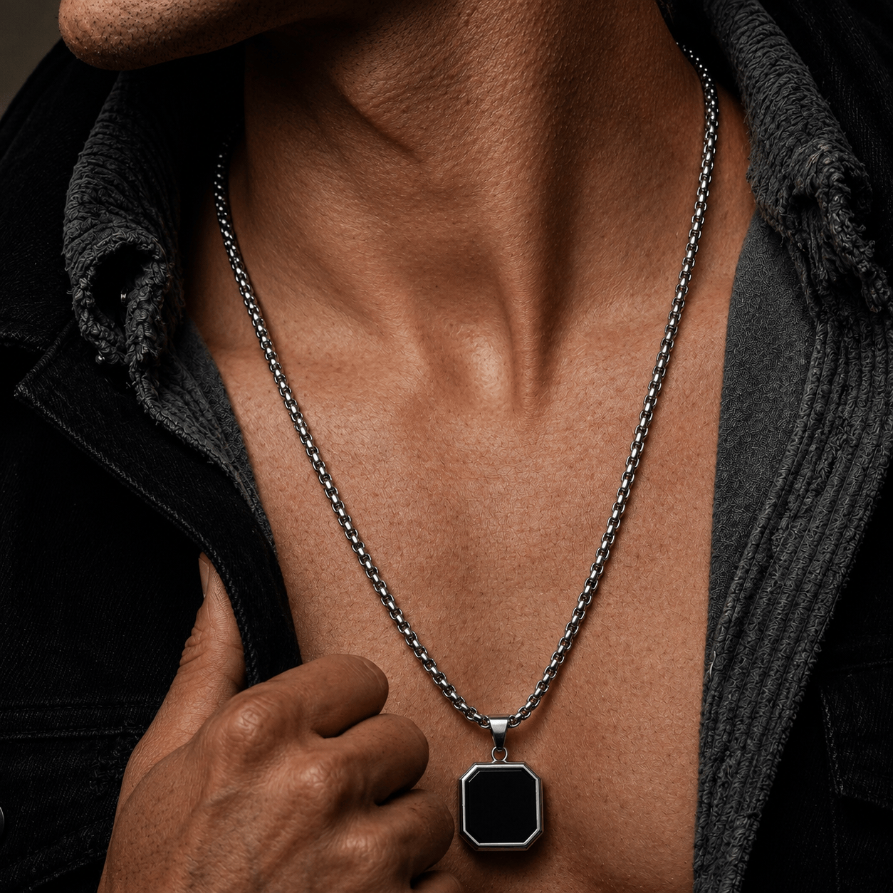 THE MEN THING SS Pendant/ Necklace OCTAGON GEO (T) - Pure Titanium Steel Pendant with Stainless Steel 24inch Round Box Chain, European trending Style for Men & Boy