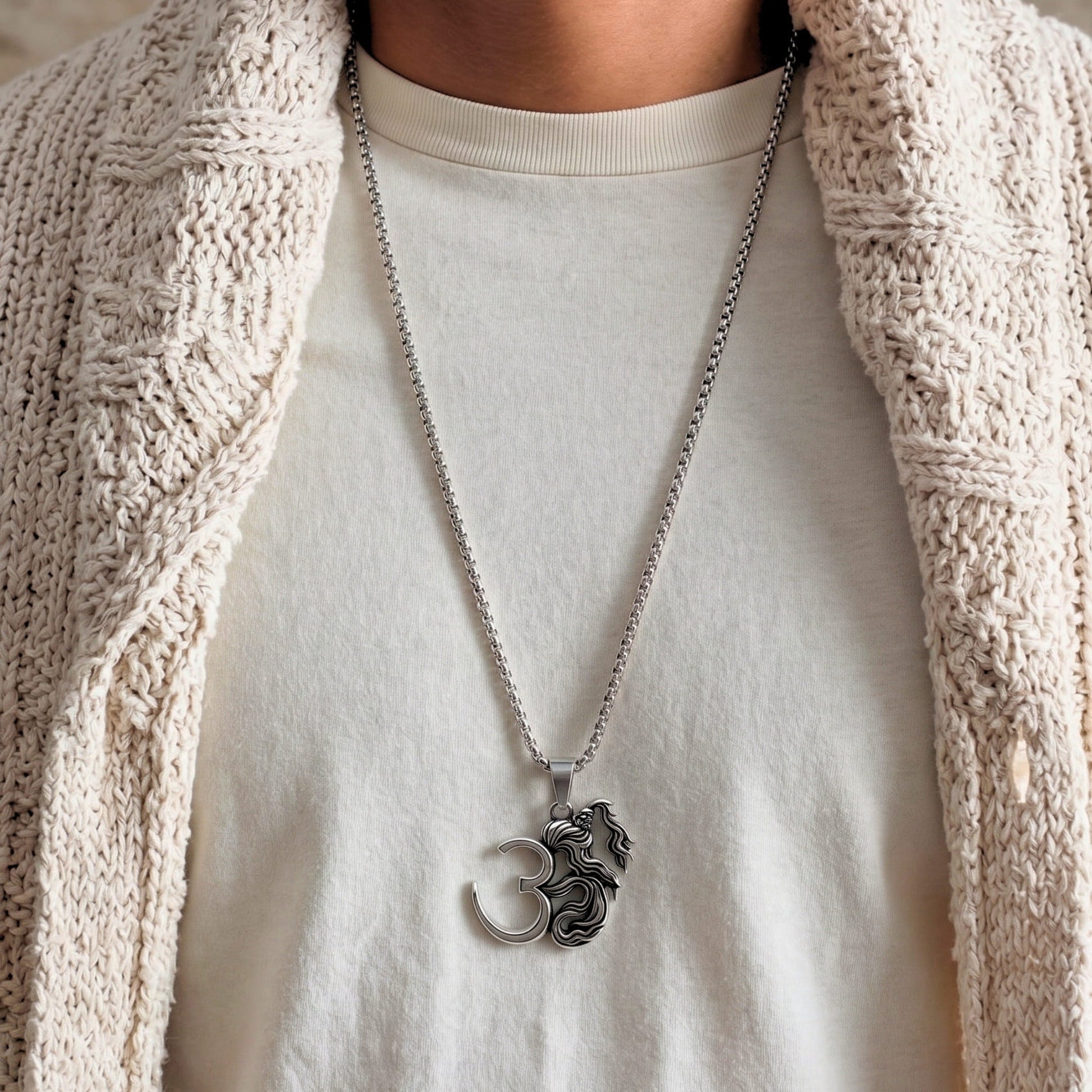 THE MEN THING SS Pendant/ Necklace OM AURA - Pure Vintage Pure Steel Pendant with 24inch Round Box 5mm Chain for Men & Boys