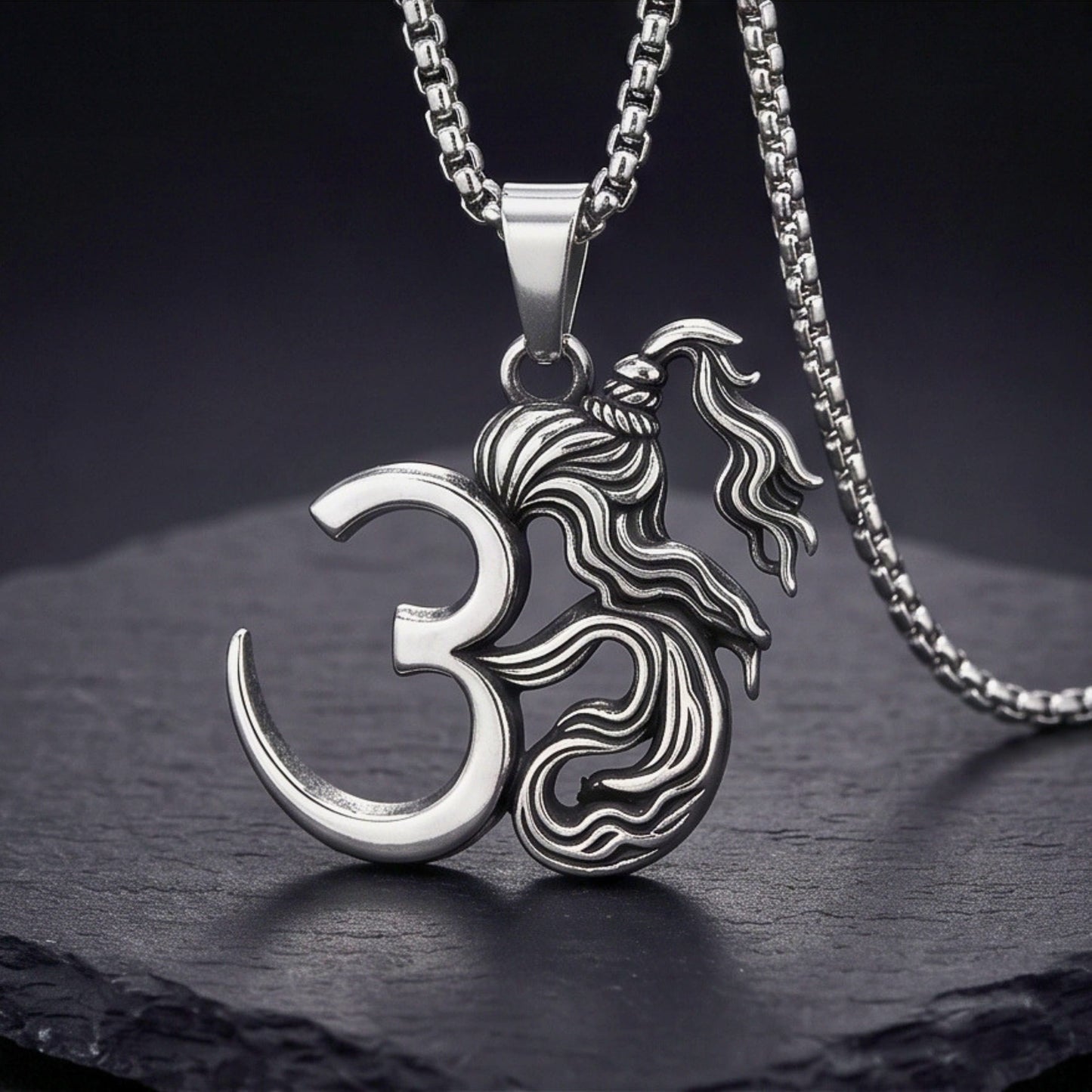 THE MEN THING SS Pendant/ Necklace OM AURA - Pure Vintage Pure Steel Pendant with 24inch Round Box 5mm Chain for Men & Boys