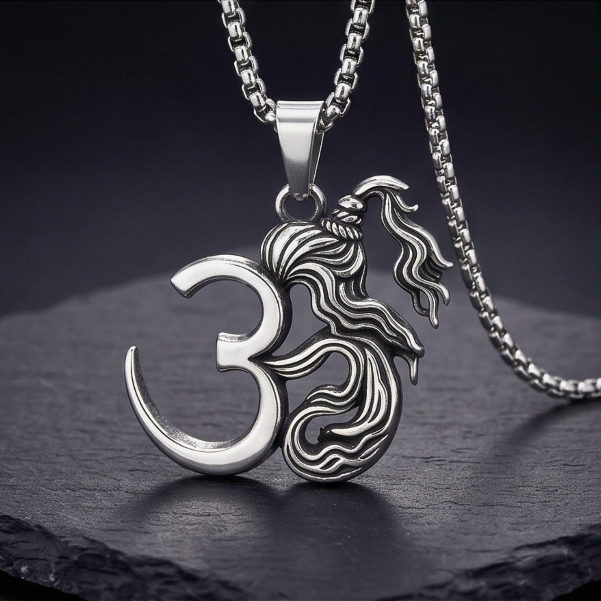THE MEN THING SS Pendant/ Necklace OM AURA - Pure Vintage Pure Steel Pendant with 24inch Round Box 5mm Chain for Men & Boys
