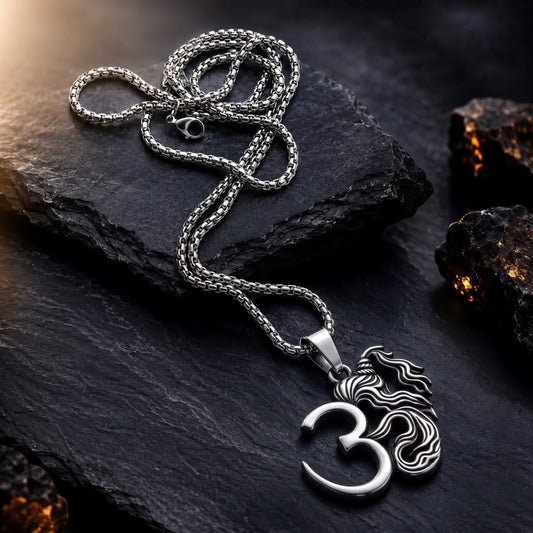 THE MEN THING SS Pendant/ Necklace OM AURA - Pure Vintage Pure Steel Pendant with 24inch Round Box 5mm Chain for Men & Boys