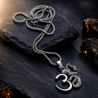 THE MEN THING SS Pendant/ Necklace OM AURA - Pure Vintage Pure Steel Pendant with 24inch Round Box 5mm Chain for Men & Boys