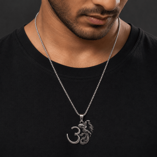 THE MEN THING SS Pendant/ Necklace OM MAHADEV JATA  - Pure Vintage Pure Steel Pendant with 24inch Round Box 5mm Chain for Men & Boys