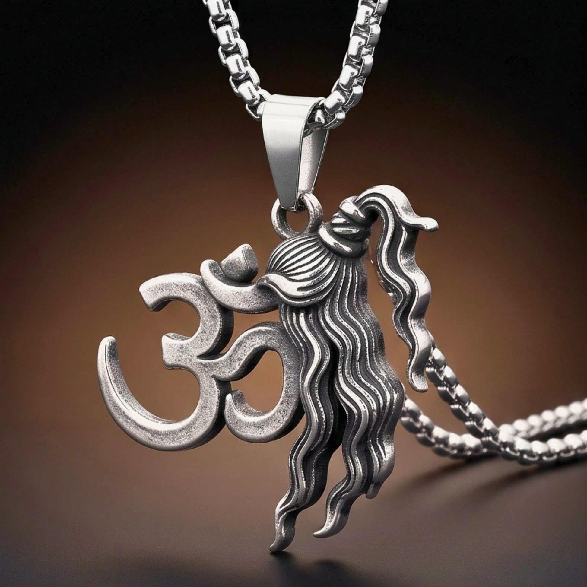 THE MEN THING SS Pendant/ Necklace OM SHIVA JATA - Pure Vintage Pure Steel Pendant with 24inch Round Box 5mm Chain for Men & Boys