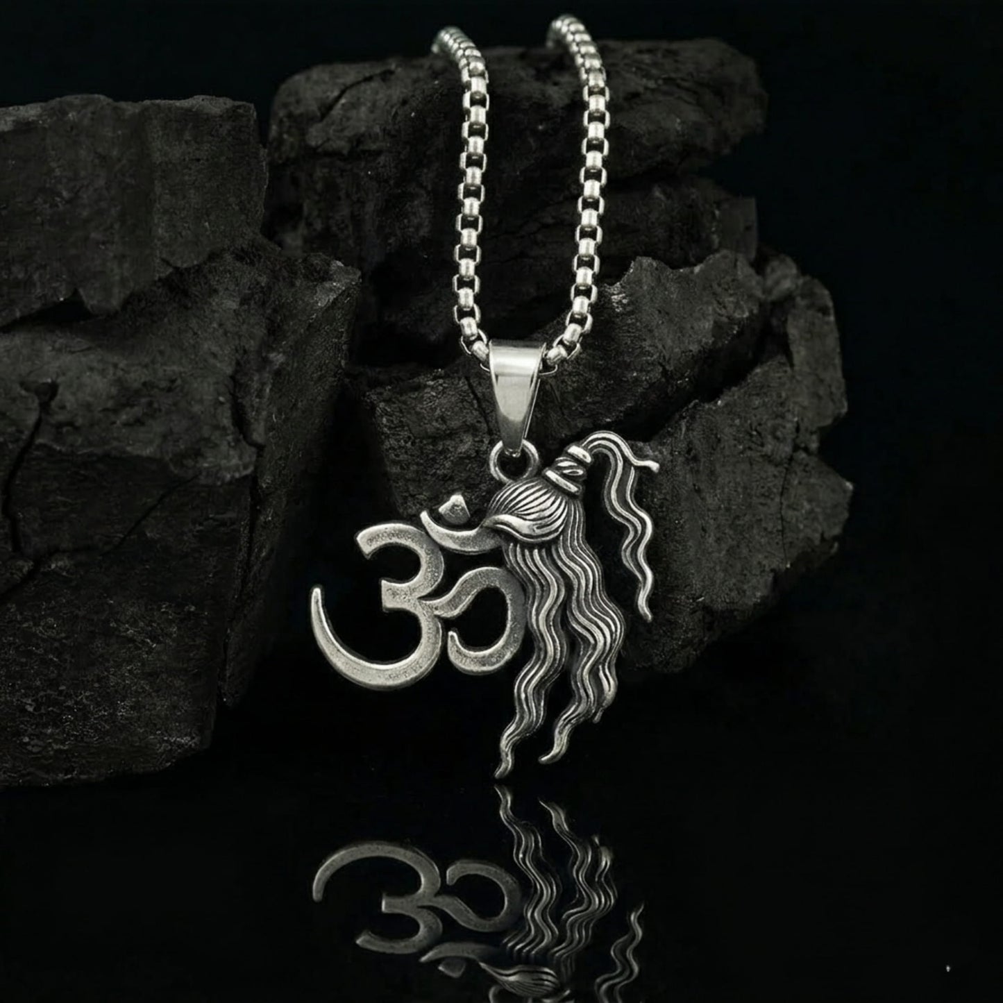 THE MEN THING SS Pendant/ Necklace OM SHIVA JATA - Pure Vintage Pure Steel Pendant with 24inch Round Box 5mm Chain for Men & Boys