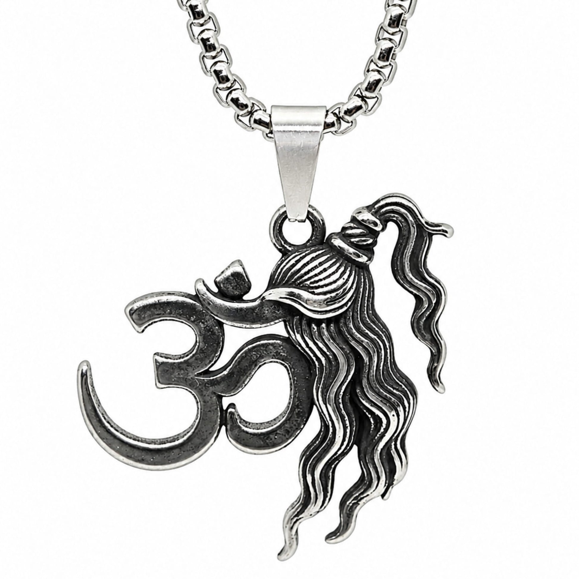 THE MEN THING SS Pendant/ Necklace OM SHIVA JATA - Pure Vintage Pure Steel Pendant with 24inch Round Box 5mm Chain for Men & Boys