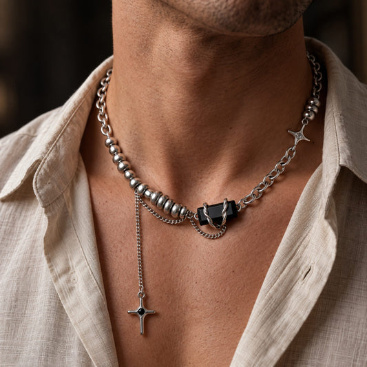 THE MEN THING SS Pendant/ Necklace ONYX CROSS - 12mm Titanium Steel Pendant with 18inch to 20inch Adjustable Cable 9mm Chain for Men & Boys