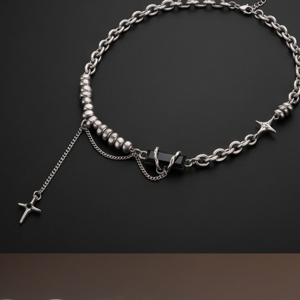 THE MEN THING SS Pendant/ Necklace ONYX CROSS - 12mm Titanium Steel Pendant with 18inch to 20inch Adjustable Cable 9mm Chain for Men & Boys