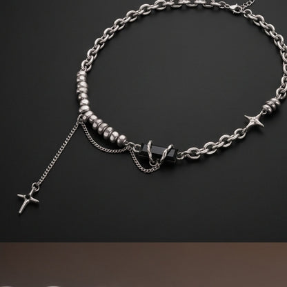 THE MEN THING SS Pendant/ Necklace ONYX CROSS - 12mm Titanium Steel Pendant with 18inch to 20inch Adjustable Cable 9mm Chain for Men & Boys