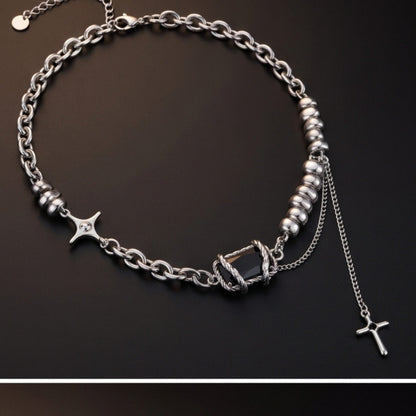 THE MEN THING SS Pendant/ Necklace ONYX CROSS - 12mm Titanium Steel Pendant with 18inch to 20inch Adjustable Cable 9mm Chain for Men & Boys