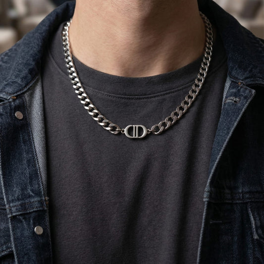 THE MEN THING SS Pendant/ Necklace OVAL BAR CONNECTOR - 11mm Pure Titanium Steel Pendant with 19 to 21inch Adjustable Cube 9mm Chain for Men & Boys