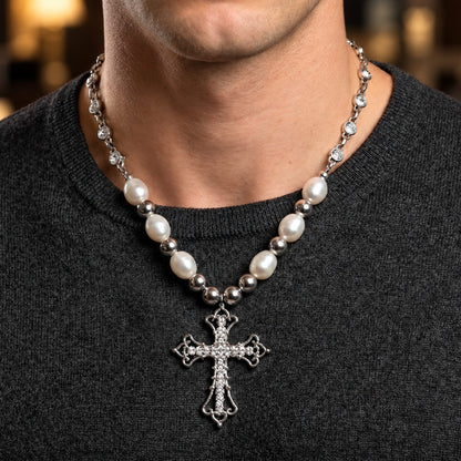 THE MEN THING SS Pendant/ Necklace PEARL CROSS - 39mm Titanium Steel Pendant with 22inch Necklace for Men & Boys