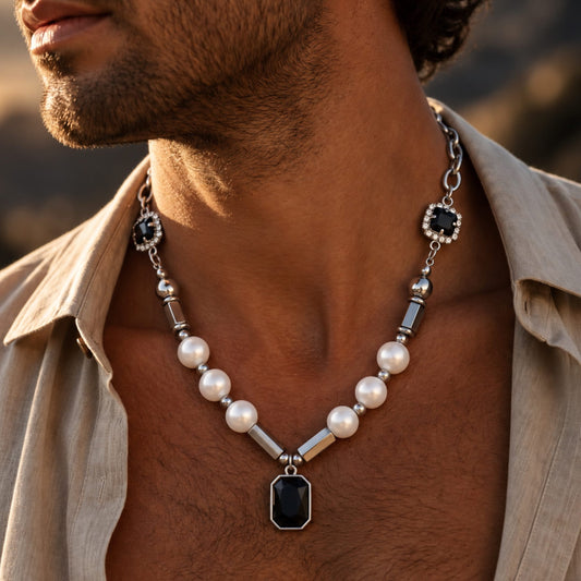 THE MEN THING SS Pendant/ Necklace PEARLUX NOIR - 13mm Titanium Steel Pendant with 19 to 21inch Adjustable Cable 8mm Chain for Men & Boys