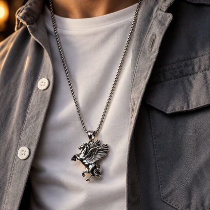 THE MEN THING SS Pendant/ Necklace PEGASUS (T) - Pure Stainless Steel Pendant with Pure Stainless Steel 24inch Round Box Chain for Men, European trending Style for Men & Boy