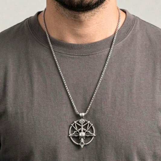 THE MEN THING SS Pendant/ Necklace PENTAGRAM GOAT - 41mm Titanium Steel Pendant with 23inch Round Box 4mm Chain for Men & Boys