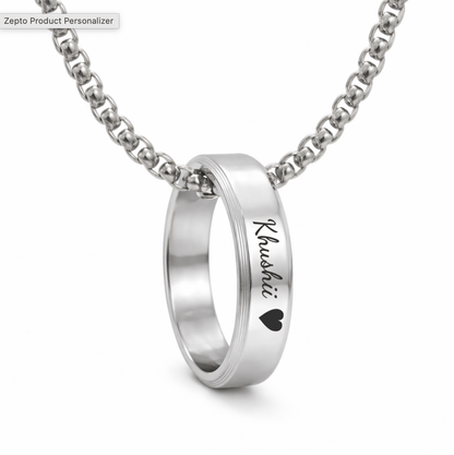 THE MEN THING SS Pendant/ Necklace Personalised Name Engraved - Ring in Necklace | My Words, My Love  - Pure Titanium Steel  Pendant with 24inch Round Box 4mm Chain for Men & Boys